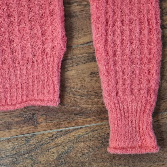 by Anthropologie Boatneck Ruffle Sweater Size S Pink Chunky Knit Retro 80s - Picture 2 of 8